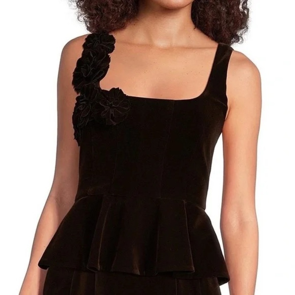 NWT Muse by Marchesa Velvet Peplum Top 12 Ristretto Brown Floral Applique $179